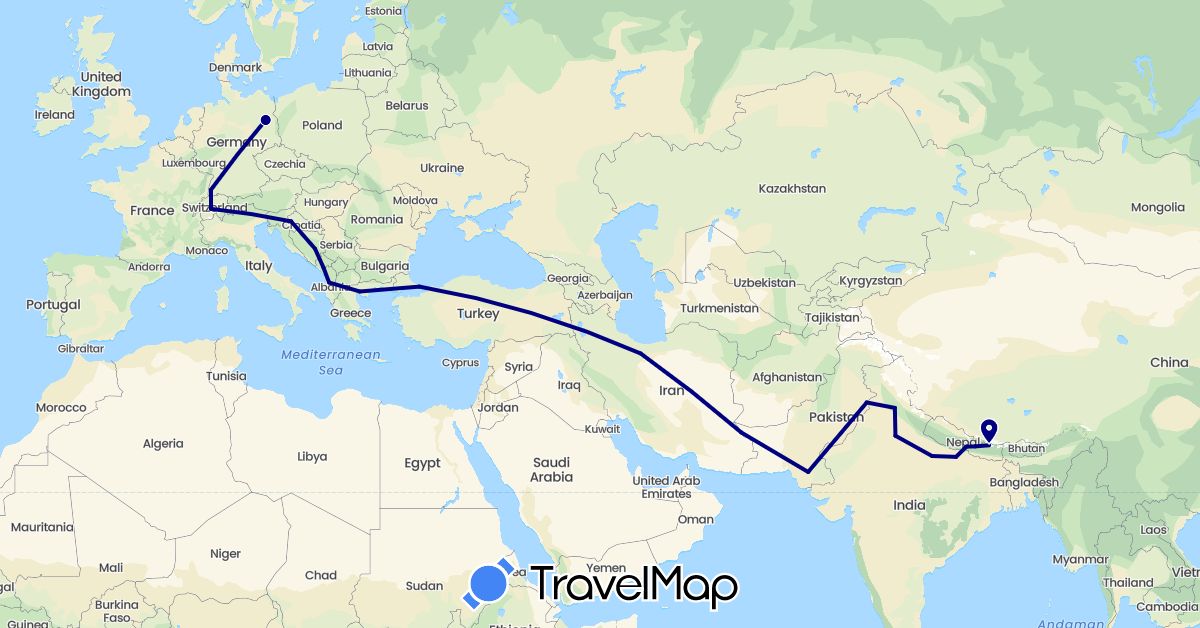 TravelMap itinerary: driving in Albania, Bosnia and Herzegovina, Switzerland, Germany, Greece, Croatia, India, Iran, Montenegro, Nepal, Pakistan, Turkey (Asia, Europe)