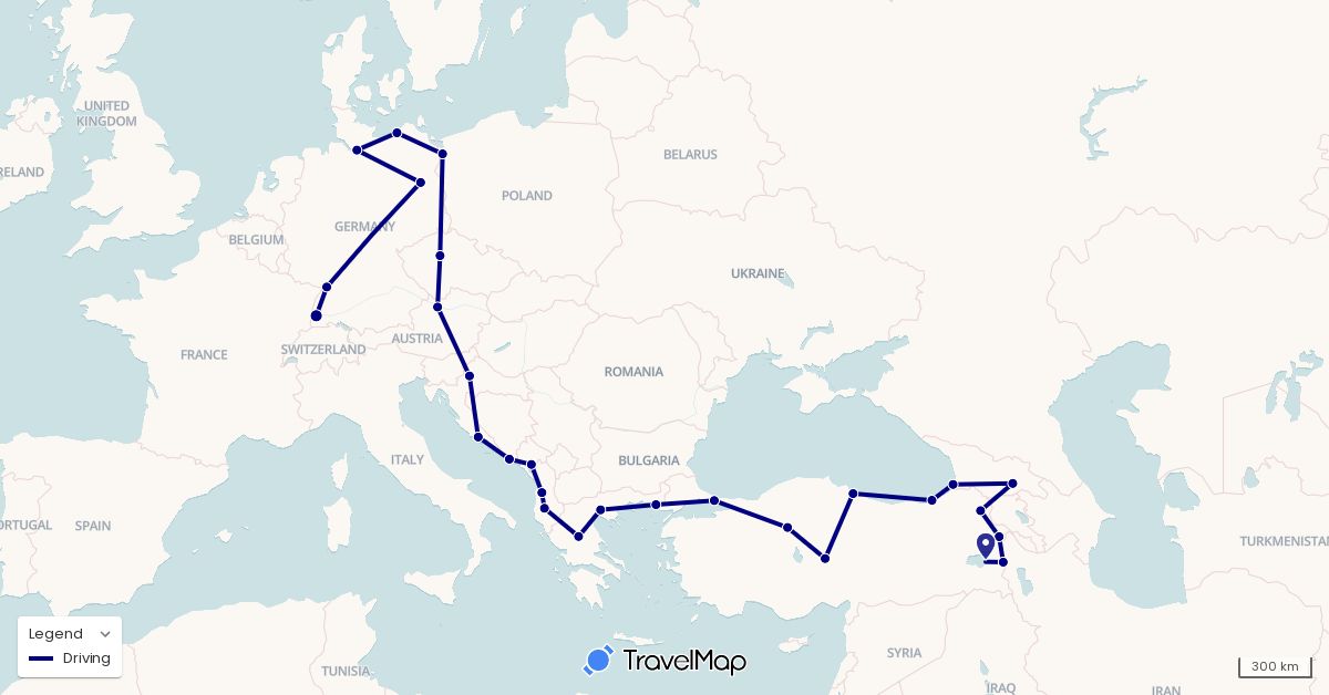 TravelMap itinerary: driving in Albania, Austria, Czech Republic, Germany, Georgia, Greece, Croatia, Montenegro, Poland, Turkey (Asia, Europe)